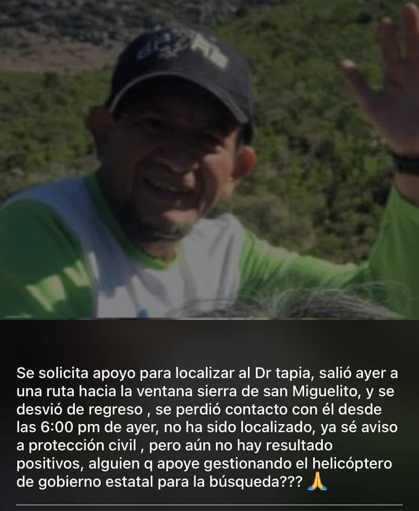 Buscan a senderista extraviado en Sierra de San Miguelito