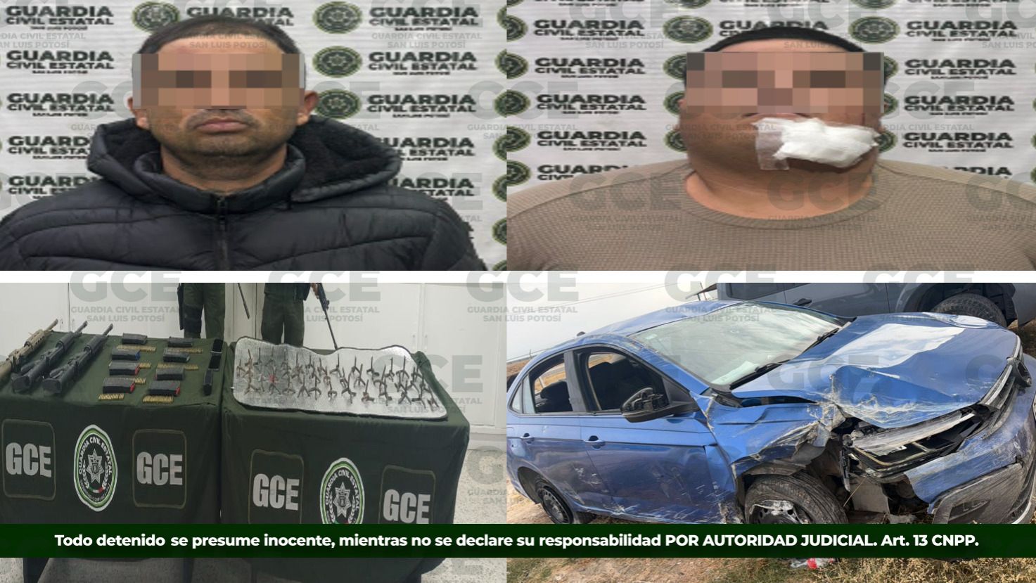 Tras persecución y volcadura, GCE detiene a dos sujetos con armas en Matehuala