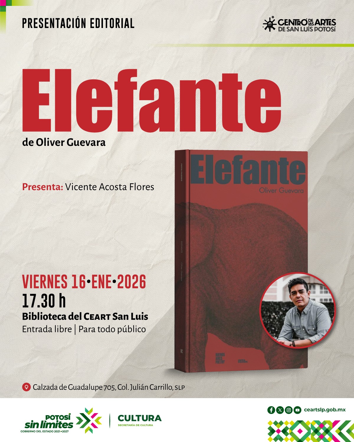 CEART presentará “Elefante”, obra poética de Oliver Guevara